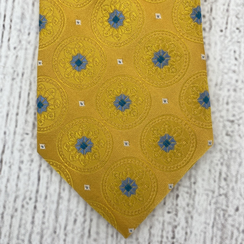 Ted Baker London Necktie Embroidered Silk Golden Yellow Blue Flower Medallion
